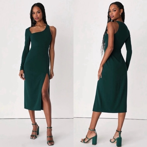 NWT Lulus Stunning Drama Asymmetrical Long Sleeve Midi Dress Emerald Green XL - Picture 1 of 6